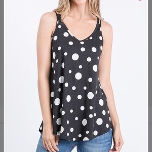Black & Off-White Polka Dot V-Neck Tank, M